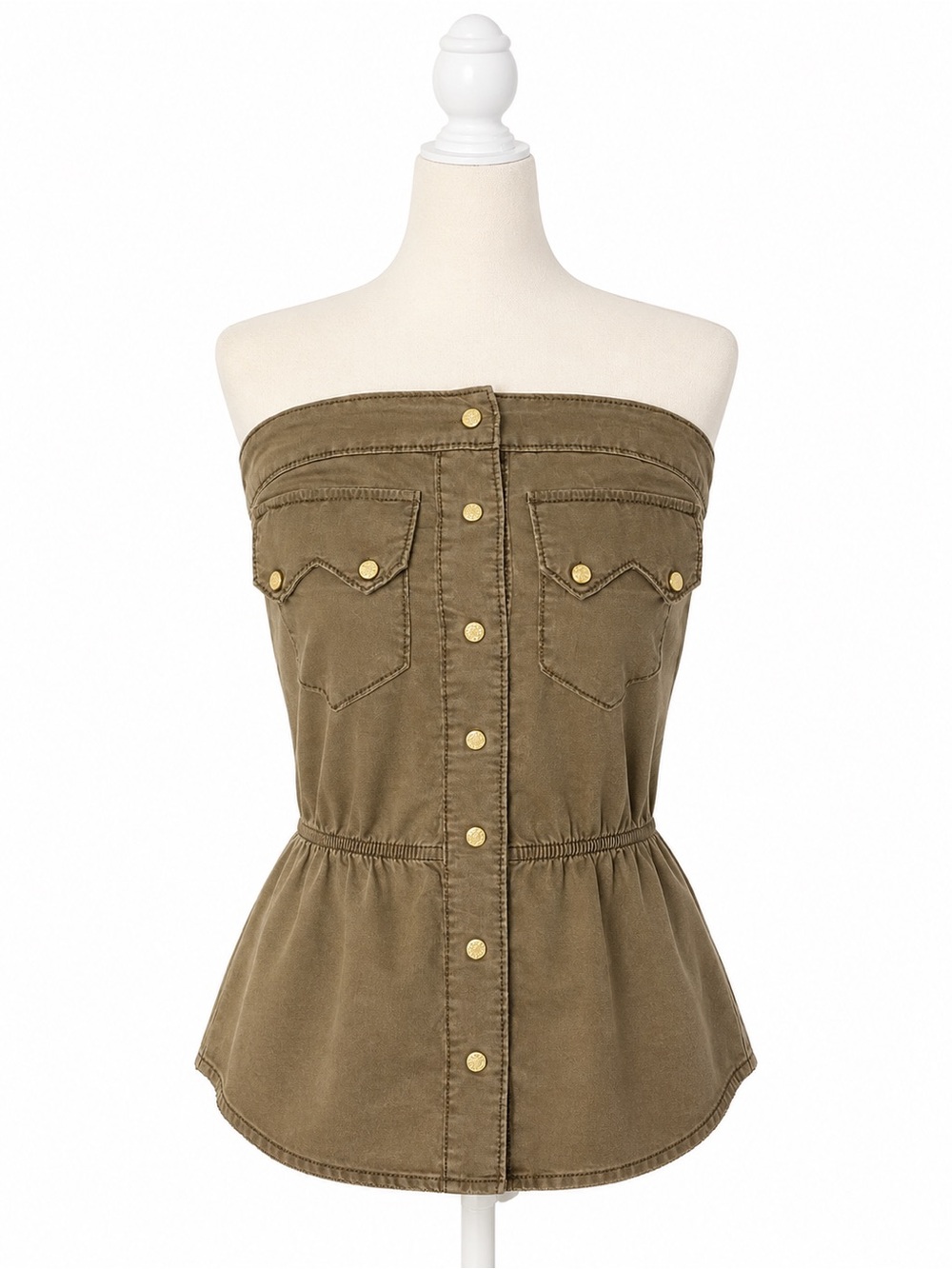 Y2K True Religion Olive Green Strapless Cargo Button Front Top | Small